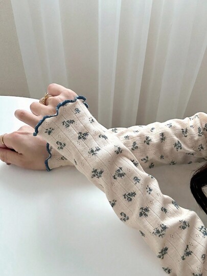 FRIFUL Camiseta feminina de manga comprida com estampa floral contrastante, uso casual para o outono