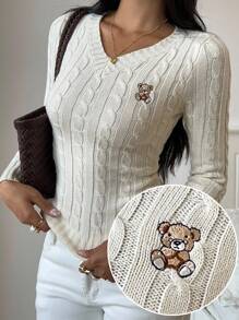 SHEIN EZwear Airport Fall Y2k 休闲卡通熊刺绣 V 领麻花针织修身毛衣 Y2k - 杏色 - 查看 3