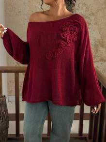 SHEIN VCAY Plus Size Women's Solid Color Voluminous Floral Decor Oblique Shoulder Pullover Sweater In Fall/Winter - Burgundy - View 6