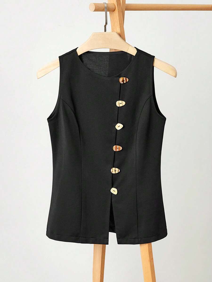 SHEIN LUNE 女士无袖上衣,不对称纽扣装饰,下摆开衩,针织面料,休闲/通勤街头风 - 黑色 - 查看 1