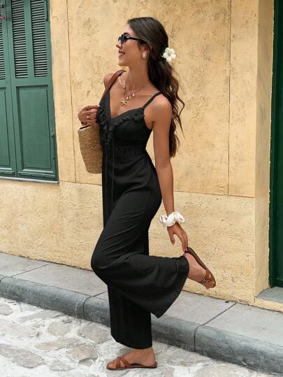 Serisse Women's Solid Color Splice Tassel Wide Leg Jumpsuit For Vacation Black Summer Casual Black Holiday Resort
