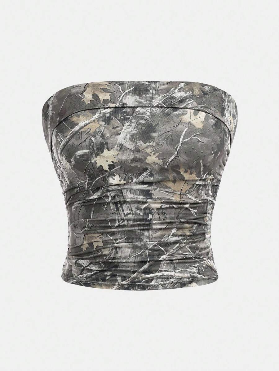 SHEIN Girlism Tween Girls Leaf Graphic Ruched Waist Casual Tube Top