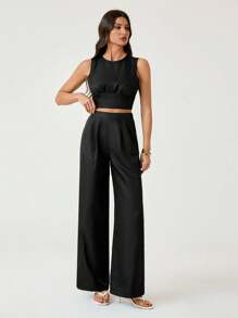 SHEIN Tall Bộ đồ ngủ ngắn xếp ly màu trơn và quần short 2 món trang phục thường ngày cho nữ - màu đen - Xem 6