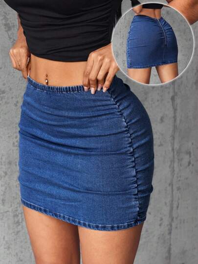 SHEIN Tall Women's Pleated Casual Versatile Date & Outing Denim Mini Skirt