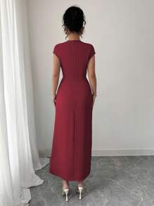 Elenzga Women's Elegant Simple Cross V-Neck Waist Pleated Hem Dress With Dropped Shoulder Sleeves, Suitable For Office, Casual, Vacation And Afternoon Tea, Spring & Summer - Burgundy - View 2