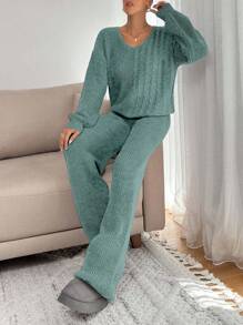 EURMUSE Pulover tricotat coordonat cu pantaloni și model cu împletitură