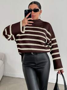 EURMUSE 女士条纹圆领落肩休闲宽松针织毛衣 - 棕色 - 查看 4
