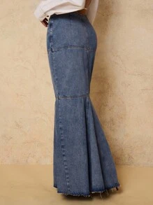 COSMINA 2000 年代女士休闲日常水洗牛仔鱼尾 A 字裙长款牛仔裙，夏季/秋季女装 - 深色水洗藍 - 查看 2