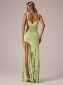 Musera Resort Đầm maxi ôm sát, đan móc, đính cườm và tua rua, thích hợp cho kỳ nghỉ hè ở Ibiza, phong cách thanh lịch, dễ thương, thích hợp cho lễ hội bãi biển, tiệc tùng, phong cách boho, đồ đi biển, trang phục nghỉ lễ, trang phục mùa hè, mùa xuân. - Màu xanh chanh - Xem 3