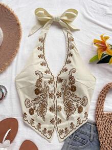 Soleia 波西米亚风格女式无袖工字背短款上衣，带花卉刺绣，系带露背设计，适合音乐节 - 彩色 - 查看 6