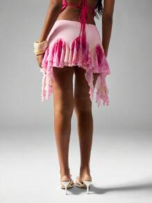 MISSGUIDED Ruffled High Waist Mini Skirt With Dramatic Pink Tie Dye Print And Waterfall Hem Detail Festival Concert Party Beachwear Statement Fashion Summer Evening - Multicolor - View 2