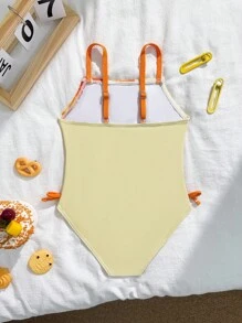 Young Girls Little Fresh Yellow Orange Flower Children's One-Piece Swimsuit, Pleated Design With A Sense Of Atmosphere, Perfect For Sweet Girls With A Must-Have Vacation Style Yellow Girl Bathing Suits For Girls Flower Bathing Suit - Multicolor - View 2
