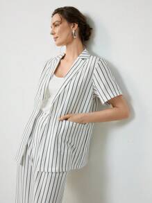 Uhlyne Fall Women Clothes 2pcs Women's Elevated Basic Fashion Set - Stylish Design Slim Fit Solid Color Casual/Work Outfit Striped Set Women Suit Set Striped Two Pieces Set Striped Pantsuit - Black and White - View 2