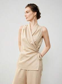 Uhlyne 2pcs/Set Women Casual Commute Linen Cowl Neck Wrap Top And Linen Pants Suit,Autumn,Minimalist,Business Casual,Holiday Outfits,Work Wear,Teacher Outfits,Back To School,Fall,Old Money Style - Khaki - View 7