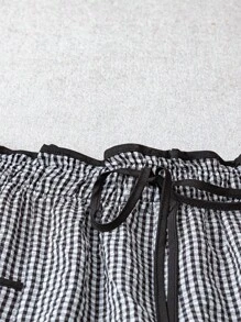 SHEIN PETITE 黑白格子高腰口袋细节直筒女裤 - 黑與白 - 查看 4