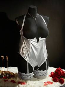 Plus Size Hollow Out Sexy Bodysuit PU Punk Alluring Lingerie