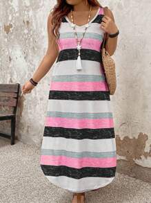 SHEIN PETITE Vestido casual de verano a rayas para mujer de talla grande