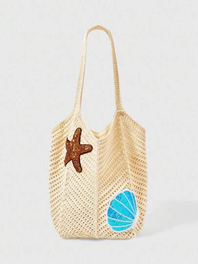 Fairycore 1 set Borsa spiaggia in tela beige con paillettes, borsa da donna stile spiaggia e resort, alla moda e personalizzabile