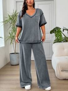 SHEIN EZwear 2件套浅灰色T恤和裤子休闲套装，适合大码女士 - 淺灰色 - 查看 5