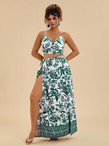 SHEIN VCAY Green Boho Two-Piece Set With Crop Camisole And Maxi Wrap Skirt