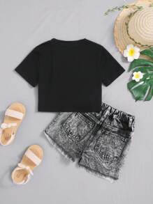 Young Girls' Summer Family Matching 2 Pieces Solid Short Sleeve Tee&Stonewashed Distressed Ripped Raw Hem Denim Jeans Cowgirl Outfit,Back To School - Black - View 4