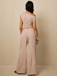 Poéselle 2 Stücke Damen Sommer lässiges einfarbiges Set mit asymmetrischem Kragen anliegender Crop Top und weiter Hose mit Kordelzug Taille