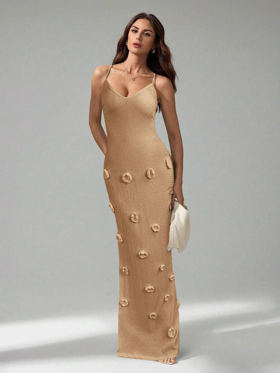 SHEIN Tall 女士 3D 花卉装饰吊带背心连衣裙 - 卡其色 - 查看 1