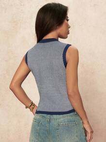 SHEIN PETITE 女士条纹单排扣休闲短款针织背心 - 藏蓝色 - 查看 2