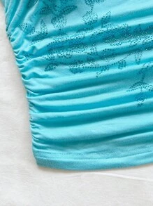 Soleia Women's Romantic Vacation Turquoise Knit Halter Hollow Floral Rhinestones Embellished Mini Dress, Suitable For Holiday Dates, Afternoon Tea, Beach, Cruise, Urban Getaway, Wedding Season, Music Festivals, Boho Vacation Halter Top Beach Top Rhinestone Top - Mint Blue - View 6