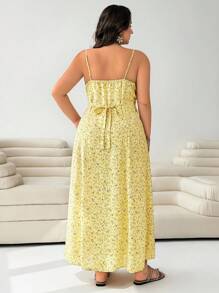 SHEIN EZwear Plus Size Women Summer Yellow Floral Maxi Dress,Elegant Boho Holiday Sundress,Casual Vacation Beach Sun Dresses,European Style Practical Brunch Wear - Multicolor - View 3