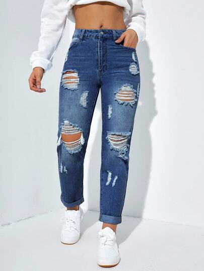 SHEIN ICON Women's High Waist Ripped Pockets Casual Cropped Denim Jeans