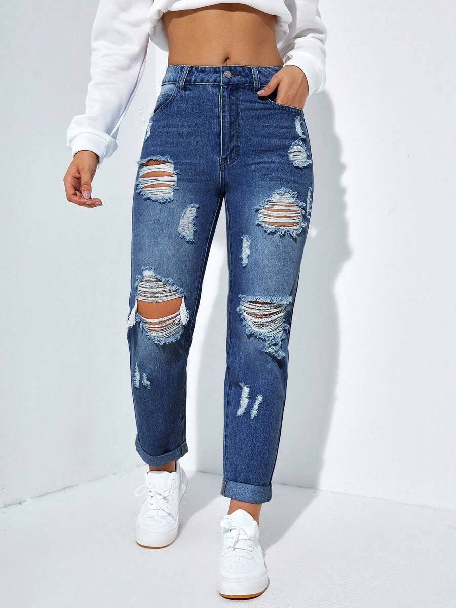 SHEIN ICON Quần Jeans Denim Ngắn Lưng Cao Có Túi Rách Thường Ngày Cho Nữ - Rửa trung bình - Xem 1