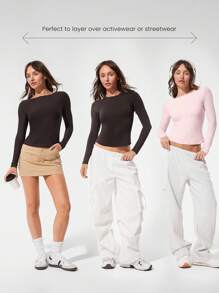 GLOWMODE Áo thun cổ tròn tay dài hai lớp mềm mại co giãn nhẹ ôm vừa vặn Flow & Glow Lớp lót mặc thường ngày - Màu nâu Sô-cô-la - Xem 8