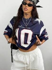 Coolane 女士和男士夏季外出返校节休闲比赛日 Y2K 透气网眼数字图案超大深蓝色平纹针织 T 恤 - 藏蓝色 - 查看 8