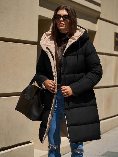 EURMUSE 2-Tone Hooded Zip-Up Pockets Mid-Length Padded Coat