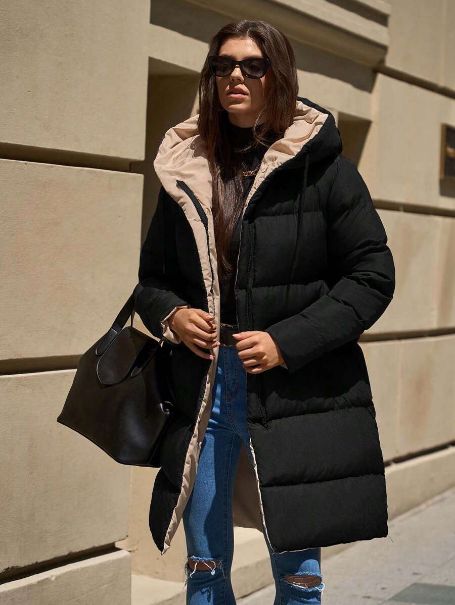 EURMUSE 2-Tone Hooded Zip-Up Pockets Mid-Length Padded Coat - Navy Blue - View 1