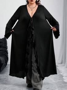 SHEIN CURVE+ Ropa de vuelta al colegio para mujer talla grande con cuello en V, manga acampanada y nudo delantero, suéter de punto negro, ropa de mujer talla grande, ropa de otoño para mujer, ropa de invierno para mujer con curvas