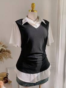 SHEIN EZwear 大码女式时尚收腰二合一短袖衬衫 - 黑與白 - 查看 4