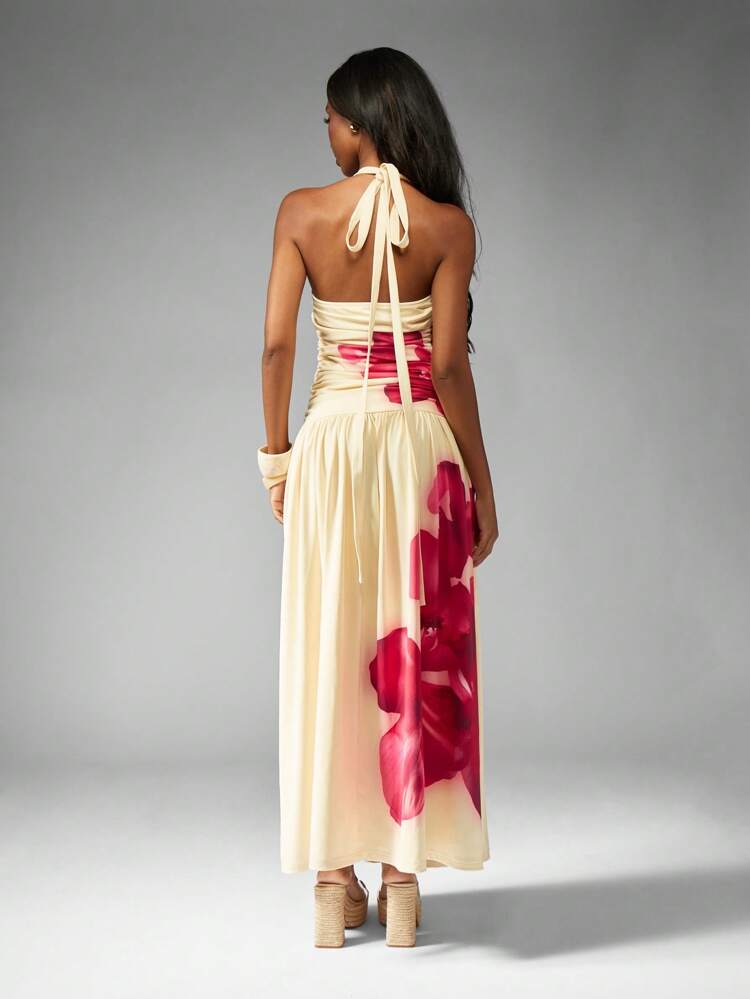 MISSGUIDED Oversized Flower Print Halter Neck Cut Out Dress Empire Waist Floor Length Summer Evening Dinner Party Wedding Guest Resort Cruise Maxi Gown