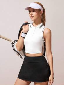 CourtClass 女式休闲撞色镶边领无袖运动 Polo 衫，夏季 - 白色 - 查看 6