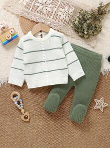SHEIN 婴儿毛衣套装 - 圆领条纹长袖上衣 + 松紧腰紧身裤，2 件套休闲装 - 綠色 - 查看 1