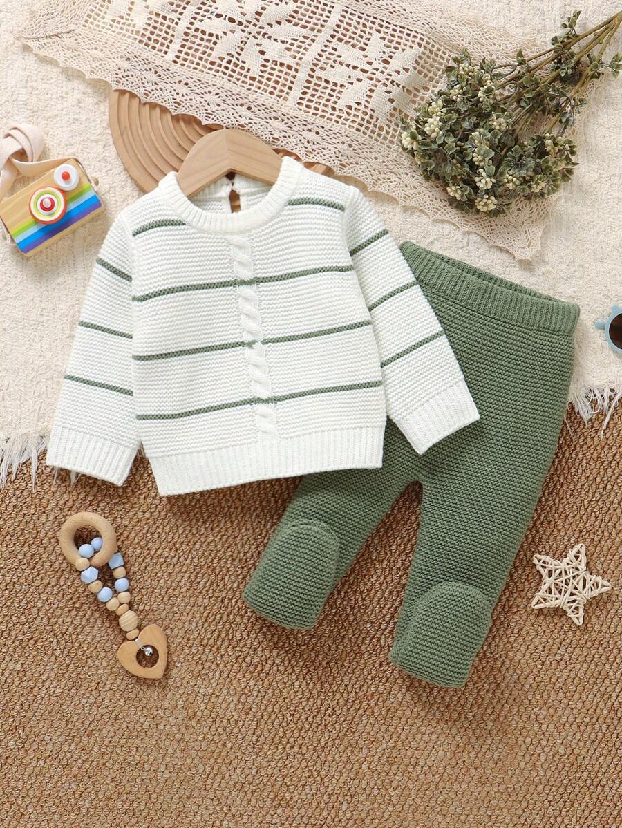 SHEIN 婴儿毛衣套装 - 圆领条纹长袖上衣 + 松紧腰紧身裤，2 件套休闲装 - 綠色 - 查看 1