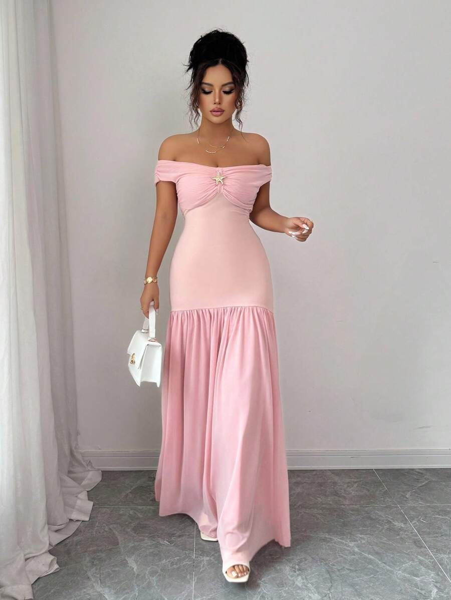 Elenzga Women's Off Shoulder Elegant Contrast Mesh Dress, Summer - Pink - View 1