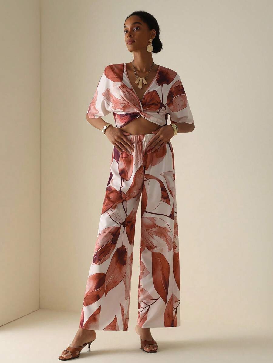 Vesra 女式两件套印花套装（含扭纹上衣和阔腿裤） - 彩色 - 查看 1
