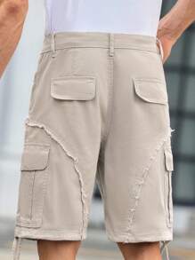 Manfinity VCAY Quần short denim cạp vừa, họa tiết chắp vá bất đối xứng, viền tua rua, thường ngày cho nam, quần short nam, quần short nam, quần short kaki, quần short nam, quần short túi hộp cho nam - Màu be - Xem 2