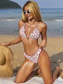 Swim Mod Women's Cute Bikini Set, 2 Pieces, Cherry Random Print & Rib Fabric, Casual Resort Swimwear, Summer Beach Outfit