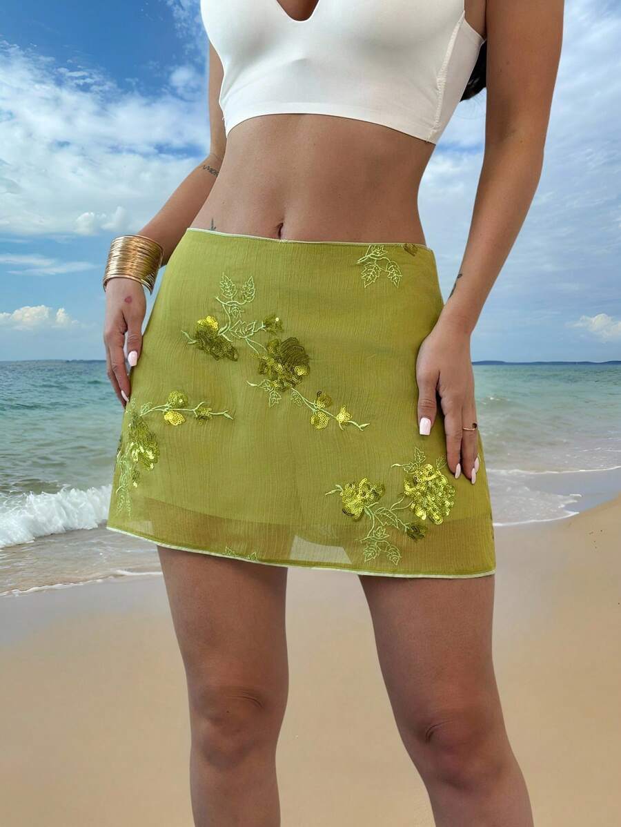 Firerie Women's Elegant Floral Embroidery Decorated Casual Sequin Mini Skirt, Suitable For Summer Vacation/Beach/Holiday, Green Color - Green - View 1