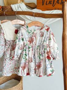 SHEIN Vestido de manga larga de punto para bebé niña, elegante vestido versátil y a juego de estilo pastoril y país, con estampado floral y botánico adorable y de moda - Multicolor - Ver 4