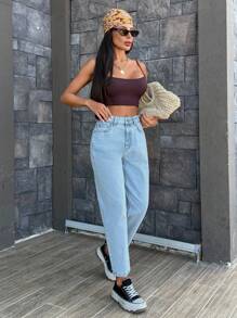 SHEIN Cottnline 90's Baby Blue Mom Fit High Waist Denim Jean Baggy Jeans Mom Jeans Y2k Jeans 90s Jeans - Light Wash - View 5