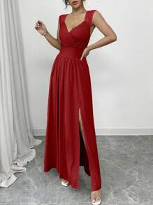 SHEIN Raffinéa Váy xẻ chữ A không tay, cổ chữ V, viền ren thanh lịch kiểu Pháp, eo nhún, màu kaki, mặc thường ngày, dự tiệc, cưới, xuân/hè - Đỏ - Xem 5